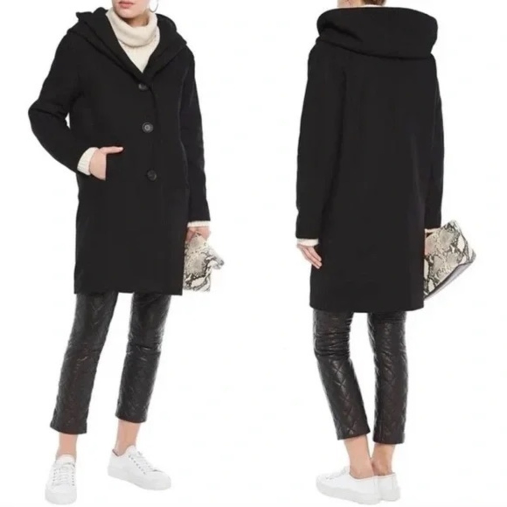 DKNY Black Wool Blend Hooded Pea Coat Large Petite
